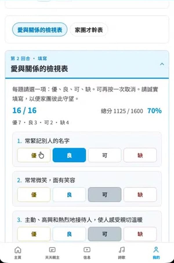 步驟 13:逐項選擇「優、良、可、缺」
